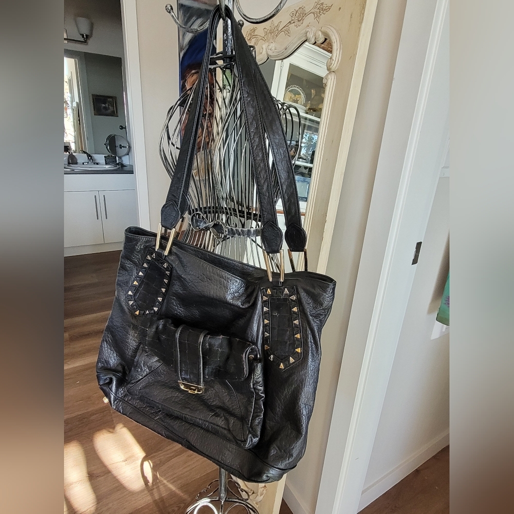 SOLD Genuine Leather 'House of Harlo' Black Studded Leather Tote Bag